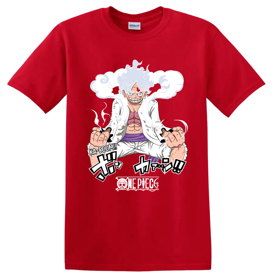 Monkey D. Luffy Gear 5 manga action art with swirling cloud effects on a Red T Shirt
