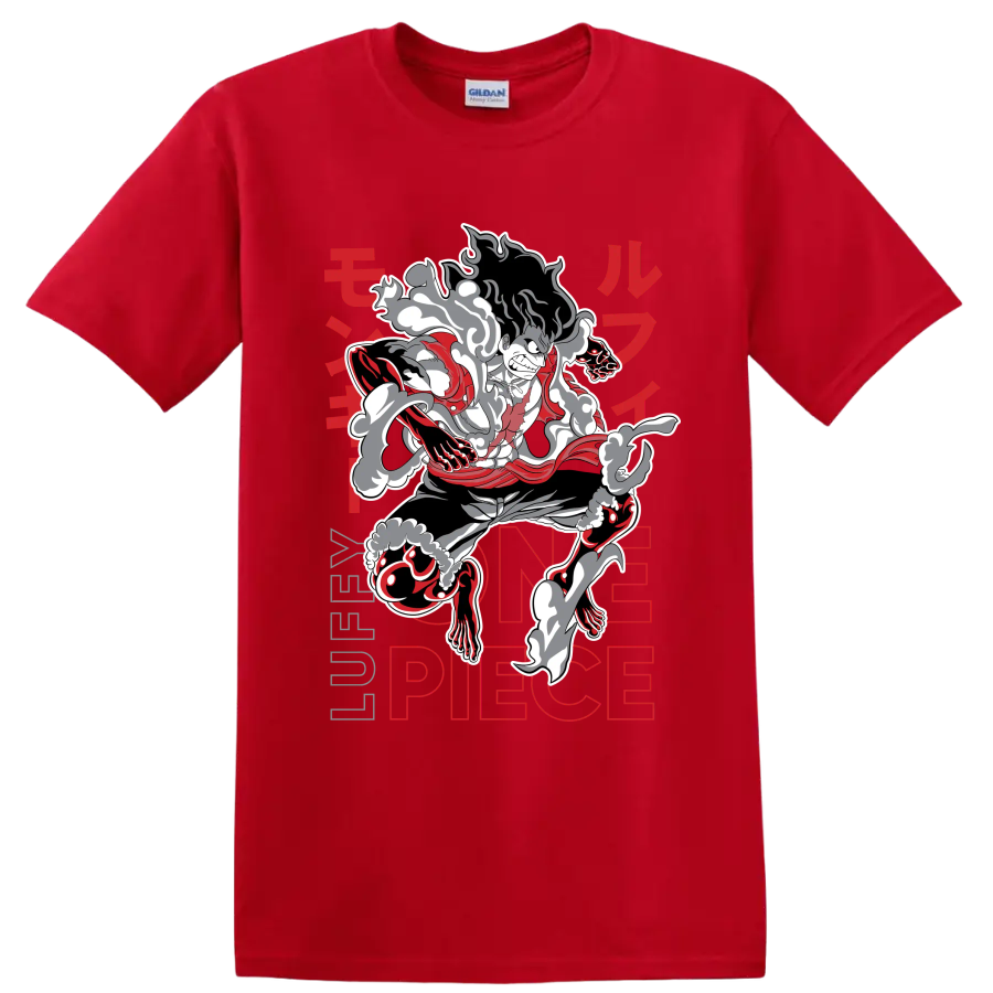 Monkey D. Luffy Gear 4 Snakeman manga-style action graphic with smoke effects on a Red T Shirt