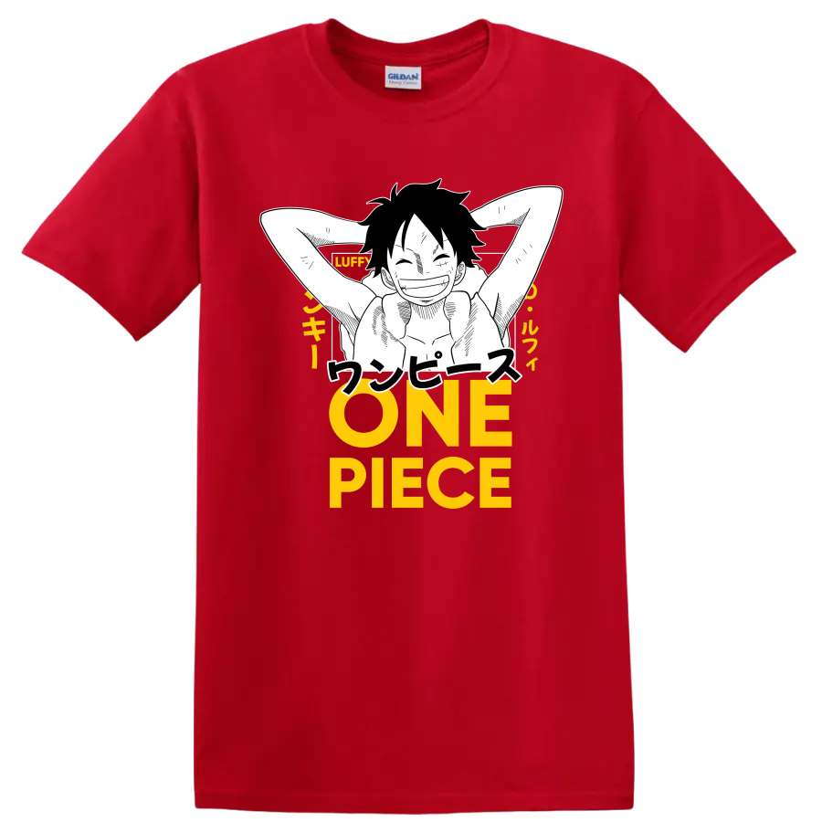 Monkey D. Luffy relaxed manga line art with Japanese text and yellow ONE PIECE lettering on a Red T Shirt