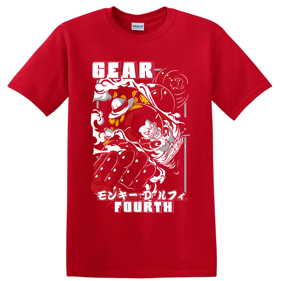 Monkey D. Luffy Gear Fourth distressed red and gray manga action graphic on a Red T Shirt