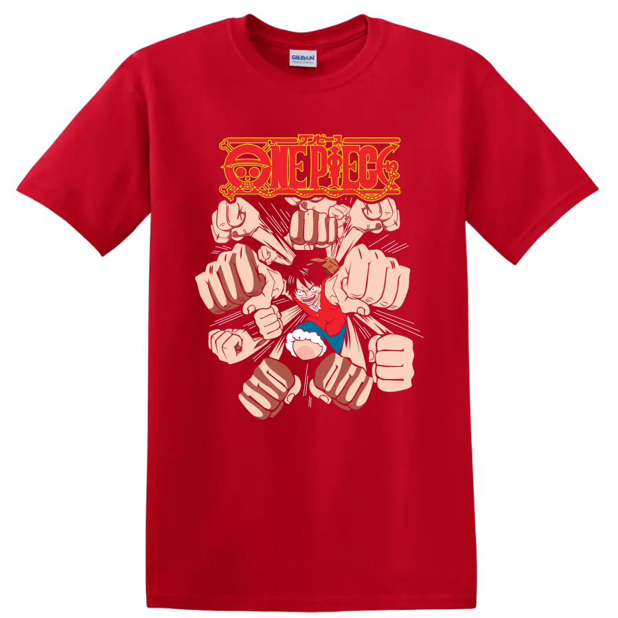 Monkey D. Luffy Gomu Gomu no Gatling manga graphic with One Piece logo and flying fists on a Red T Shirt