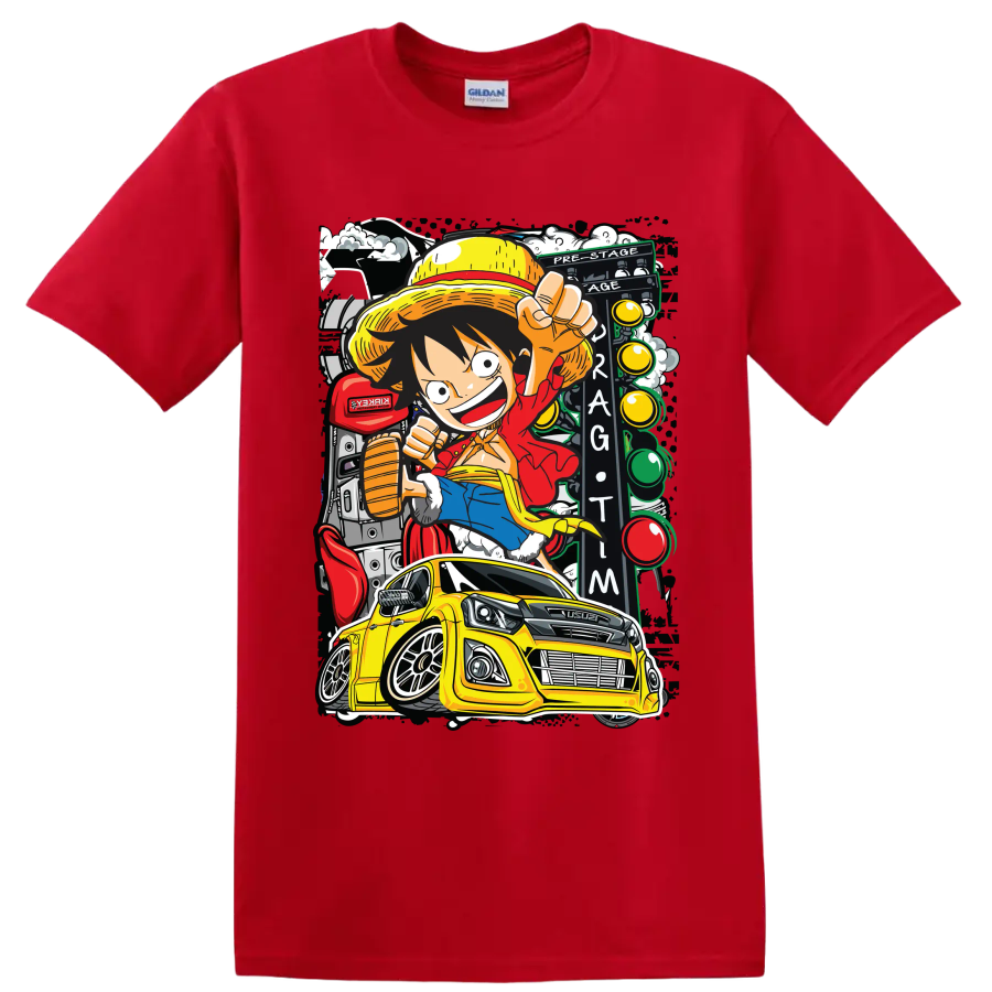 Monkey D. Luffy anime art with yellow Isuzu pickup and Thailook racing scene on a Red T Shirt