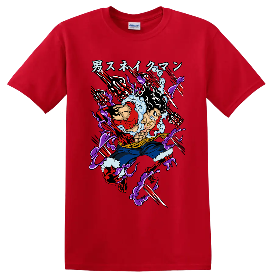 Monkey D. Luffy Gear 4 Snakeman anime-style action graphic with extended arms on a Red T Shirt