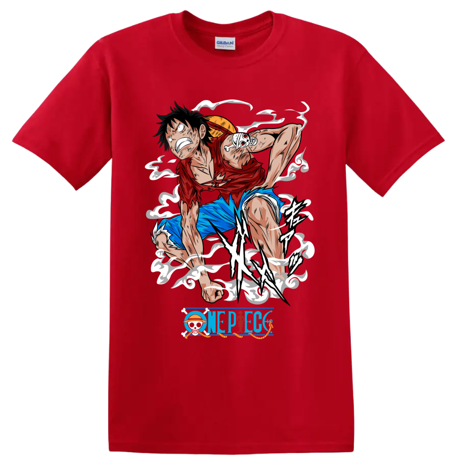 Monkey D. Luffy Gear 2 action graphic with steam effects and One Piece logo on a Red T Shirt