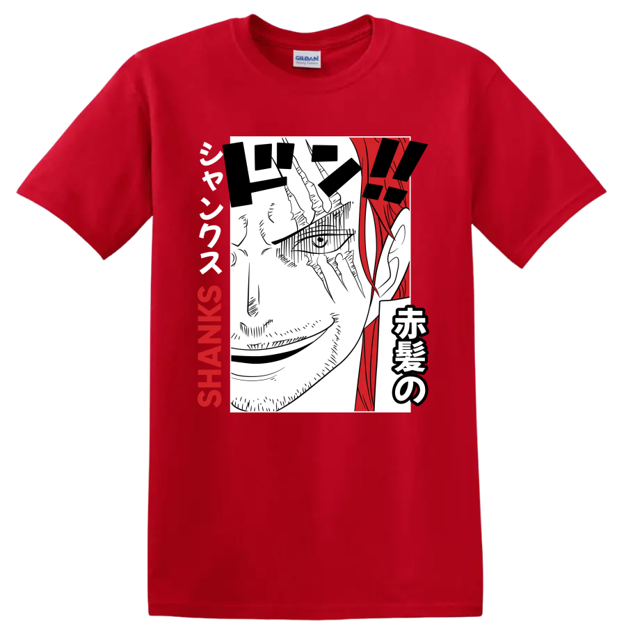 Shanks One Piece manga portrait with red hair, Japanese lettering, and SHANKS text on a Red T Shirt