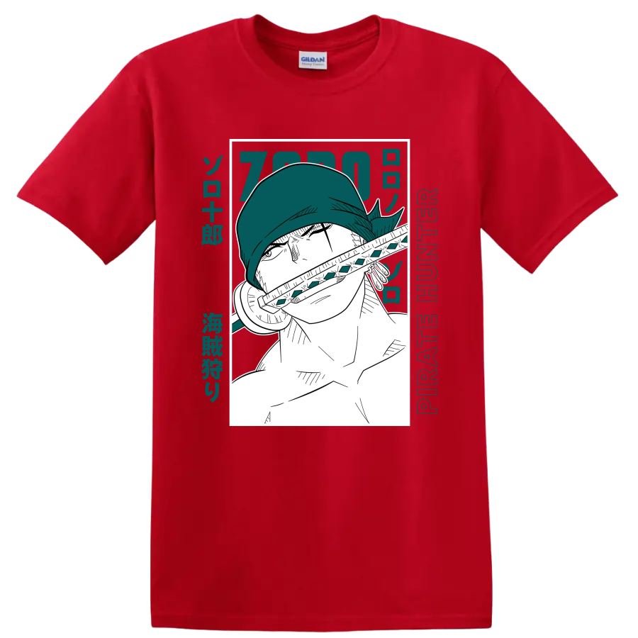 Roronoa Zoro Pirate Hunter manga portrait with sword and teal Japanese-style lettering on a Red T Shirt