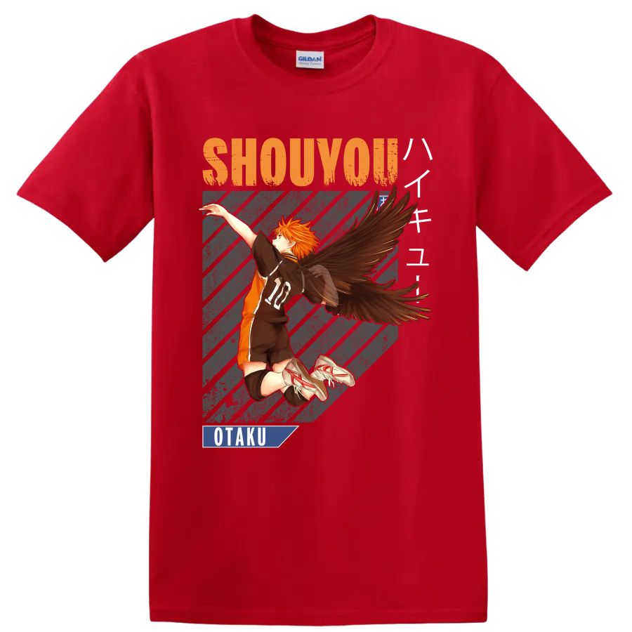 Shoyo Hinata winged volleyball anime graphic with Shouyou and Otaku text on a Red T Shirt