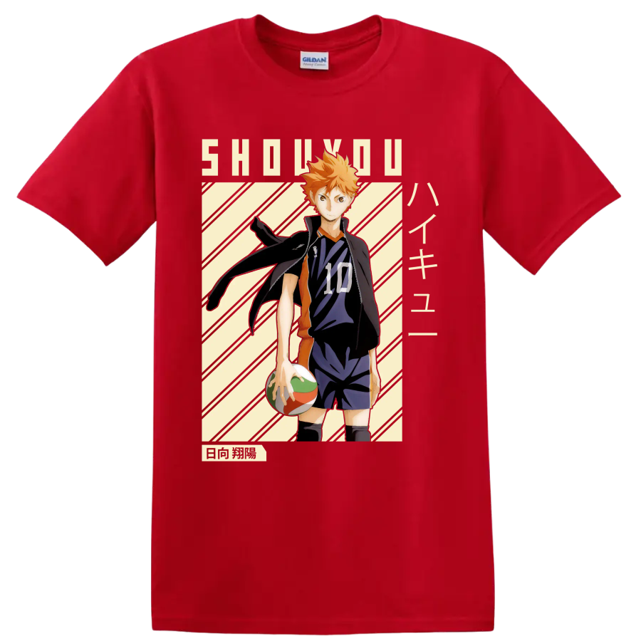 Shoyo Hinata in Karasuno number 10 uniform with volleyball manga-style graphic on a Red T Shirt