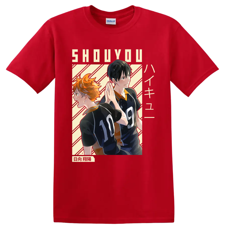 Anime-style Shoyo Hinata and Tobio Kageyama in Karasuno volleyball uniforms on a Red T Shirt