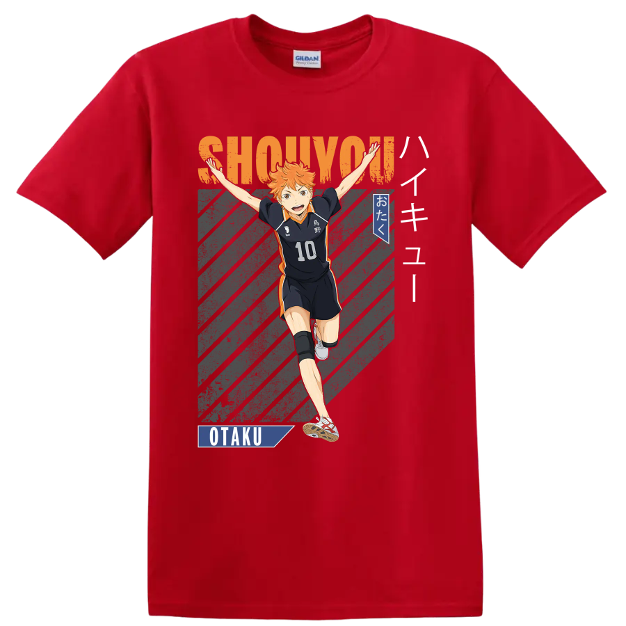 Shoyo Hinata in Karasuno No. 10 uniform with SHOUYOU lettering and otaku graphics on a Red T Shirt