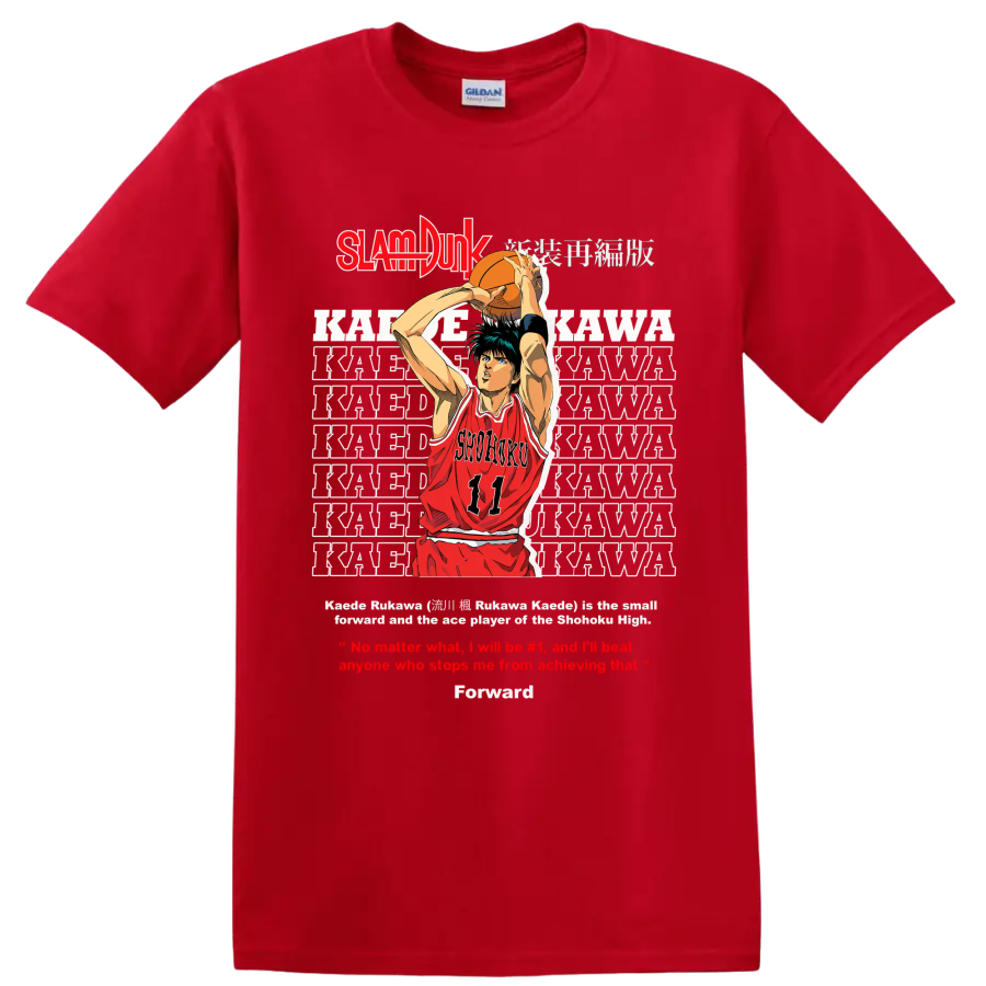 Kaede Rukawa Slam Dunk manga basketball shooter graphic with Shohoku number 11 jersey on a Red T Shirt