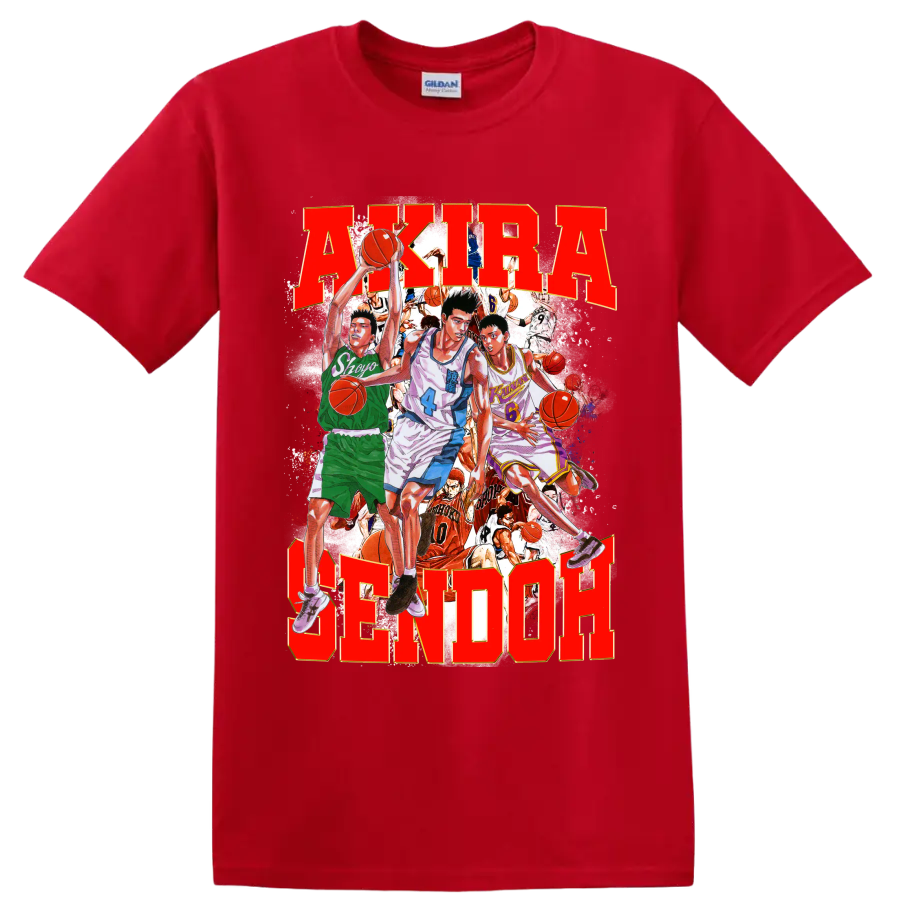 Slam Dunk manga collage with Sendoh, Fujima, Sakuragi and bold AKIRA SENDOH text on a Red T Shirt
