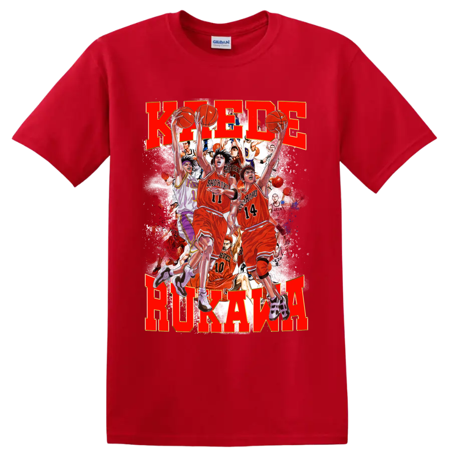 Kaede Rukawa Slam Dunk manga-style Shohoku basketball action collage on a Red T Shirt