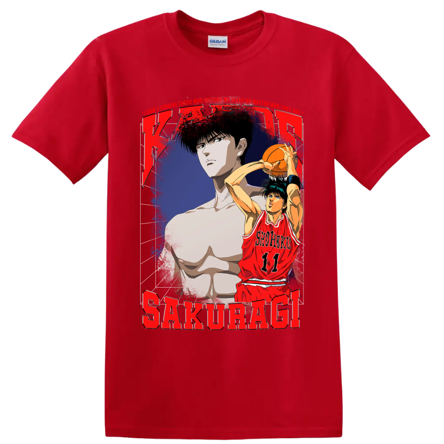 Kaede Rukawa Slam Dunk distressed Shohoku 11 basketball anime graphic on a Red T Shirt
