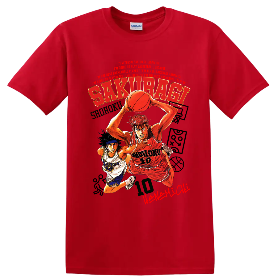 Slam Dunk manga graphic of Hanamichi Sakuragi and Nobunaga Kiyota playing basketball on a Red T Shirt