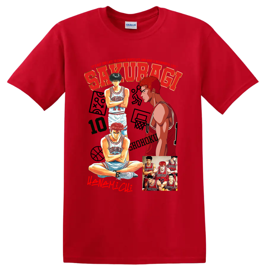 Slam Dunk manga collage of Hanamichi Sakuragi, Kaede Rukawa, and Shohoku players on a Red T Shirt