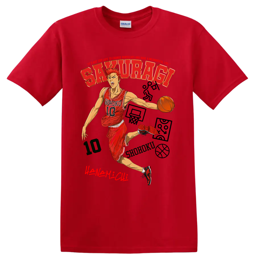 Hanamichi Sakuragi Slam Dunk manga basketball action graphic with Shohoku jersey on a Red T Shirt