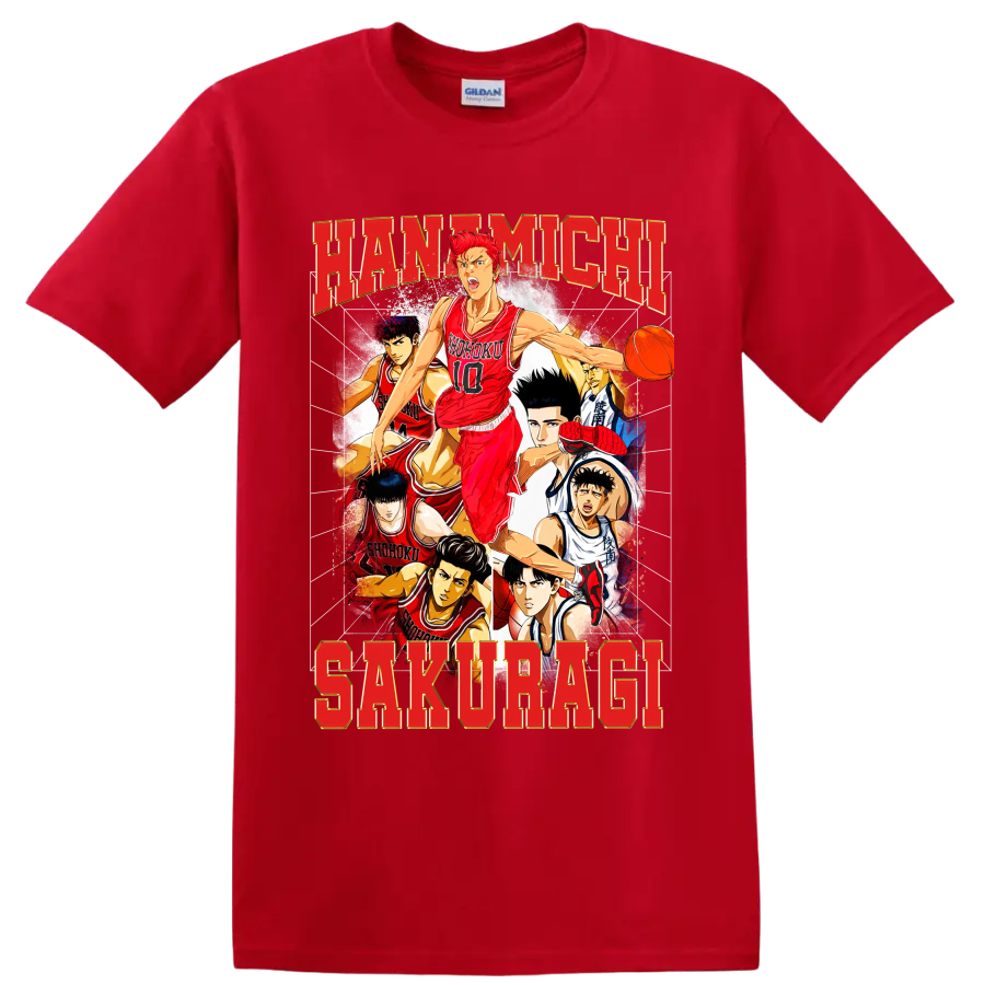 Hanamichi Sakuragi Slam Dunk manga basketball collage with Shohoku players on a Red T Shirt
