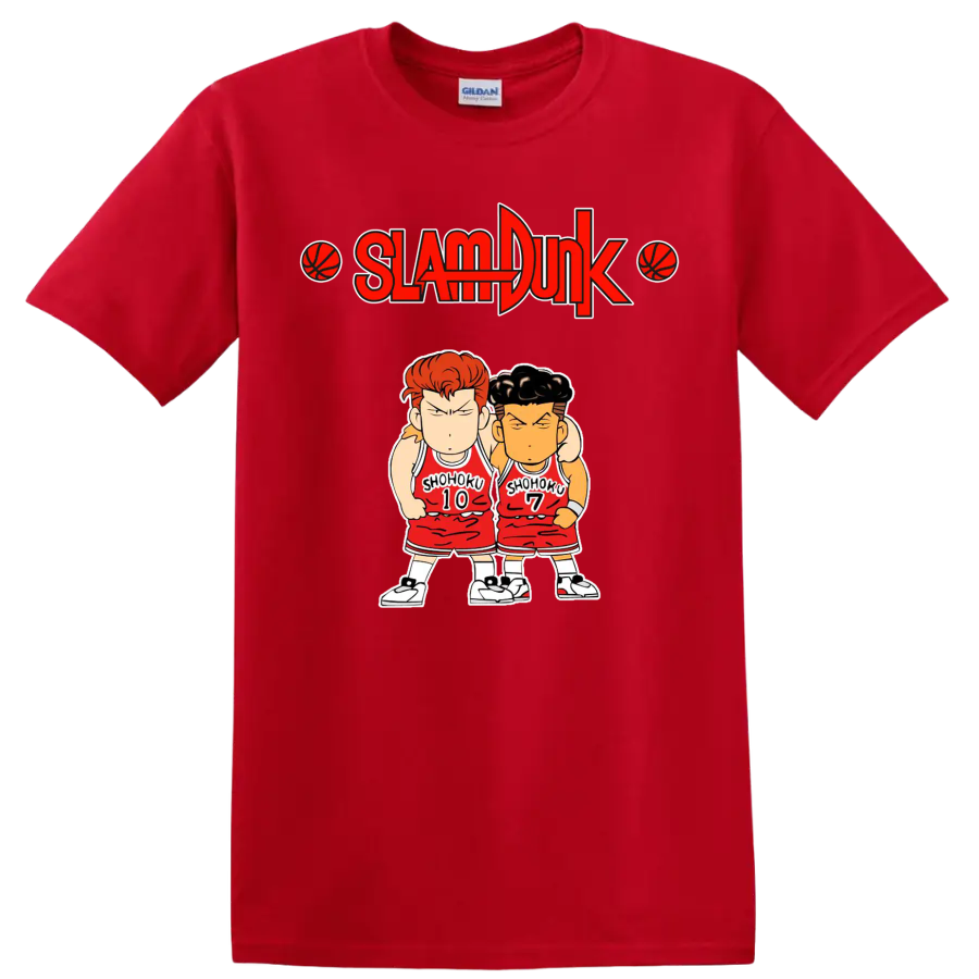 Chibi Hanamichi Sakuragi and Ryota Miyagi in Shohoku uniforms beneath Slam Dunk logo on a Red T Shirt