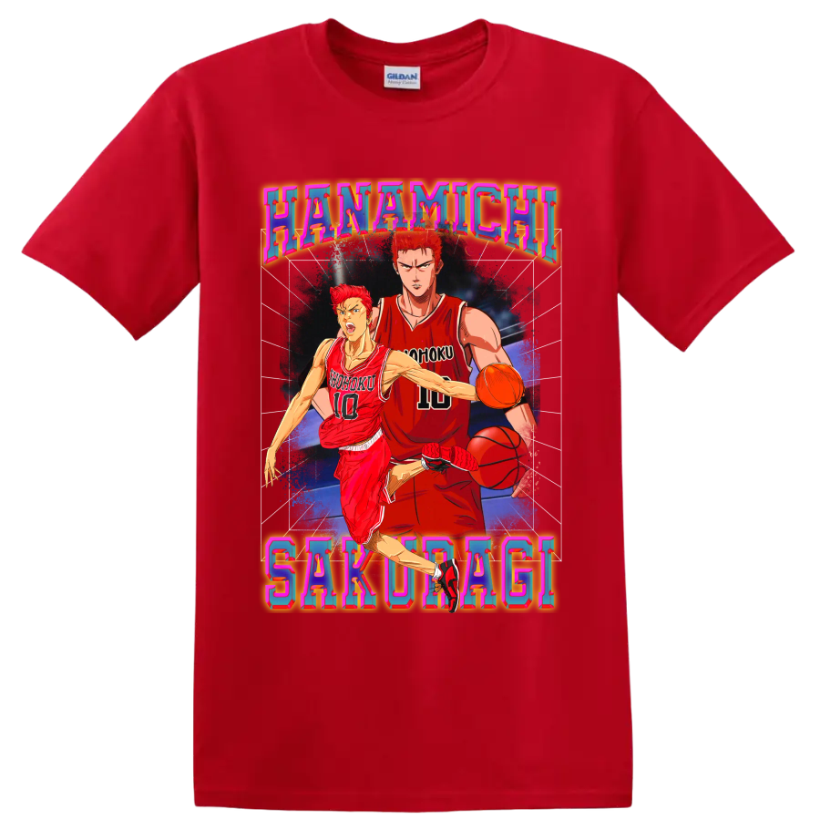 Hanamichi Sakuragi Slam Dunk basketball action in colorful retro poster art on a Red T Shirt