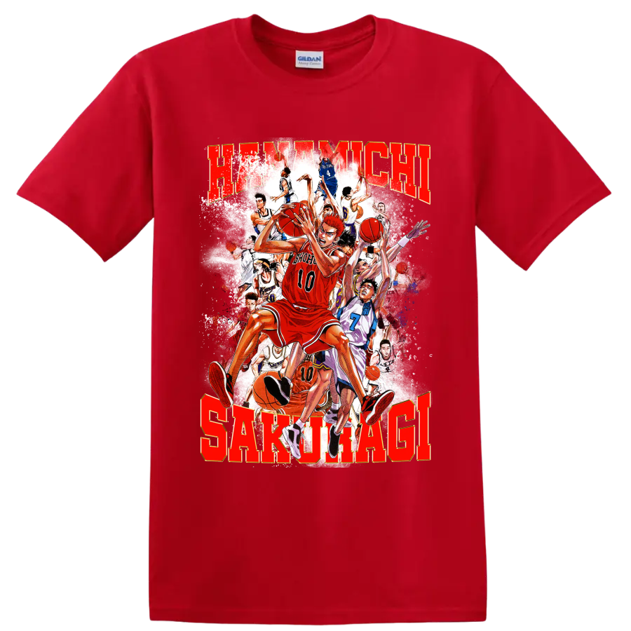Hanamichi Sakuragi Slam Dunk manga basketball collage with distressed red lettering on a Red T Shirt