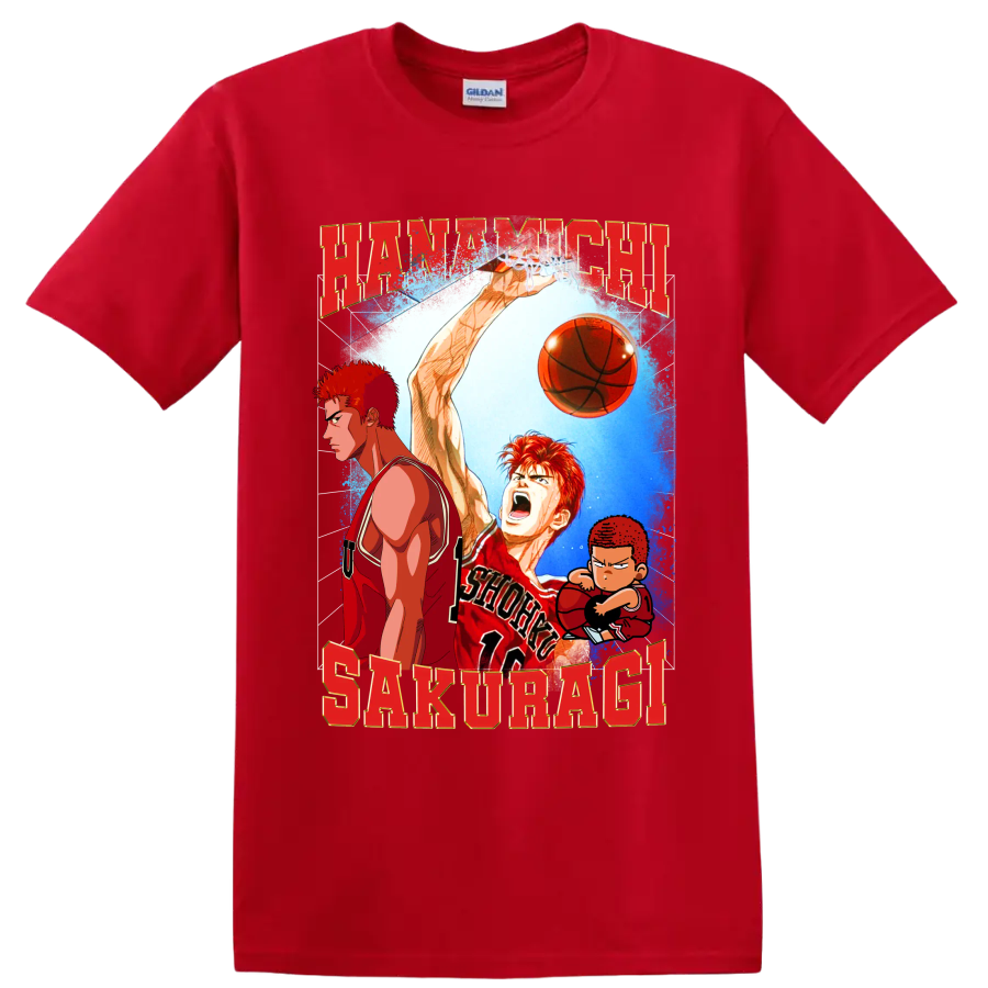 Hanamichi Sakuragi Slam Dunk manga basketball graphic with red lettering and chibi art on a Red T Shirt