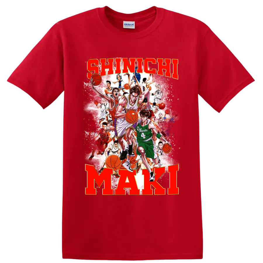Shinichi Maki Slam Dunk manga basketball collage with bold name lettering on a Red T Shirt