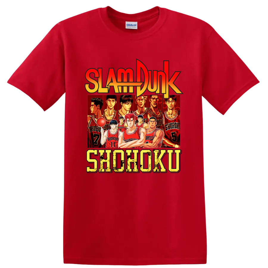 Slam Dunk Shohoku basketball team anime graphic with red jersey player lineup on a Red T Shirt
