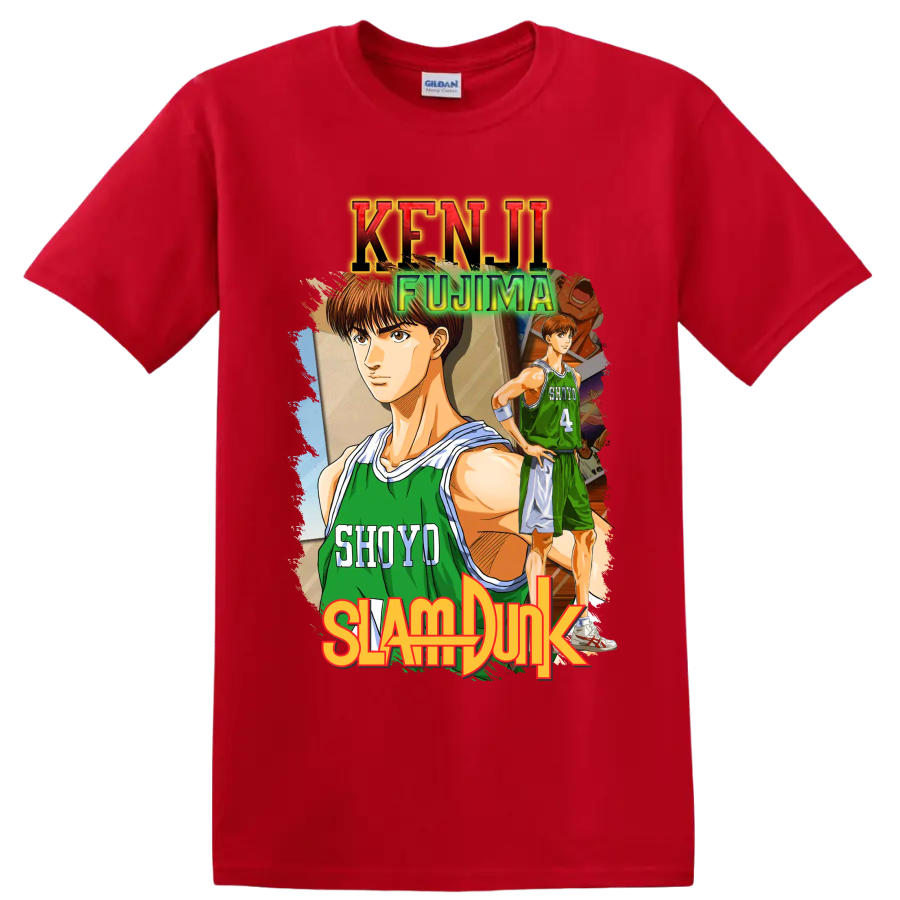 Kenji Fujima Slam Dunk manga basketball graphic with Shoyo jersey number 4 on a Red T Shirt
