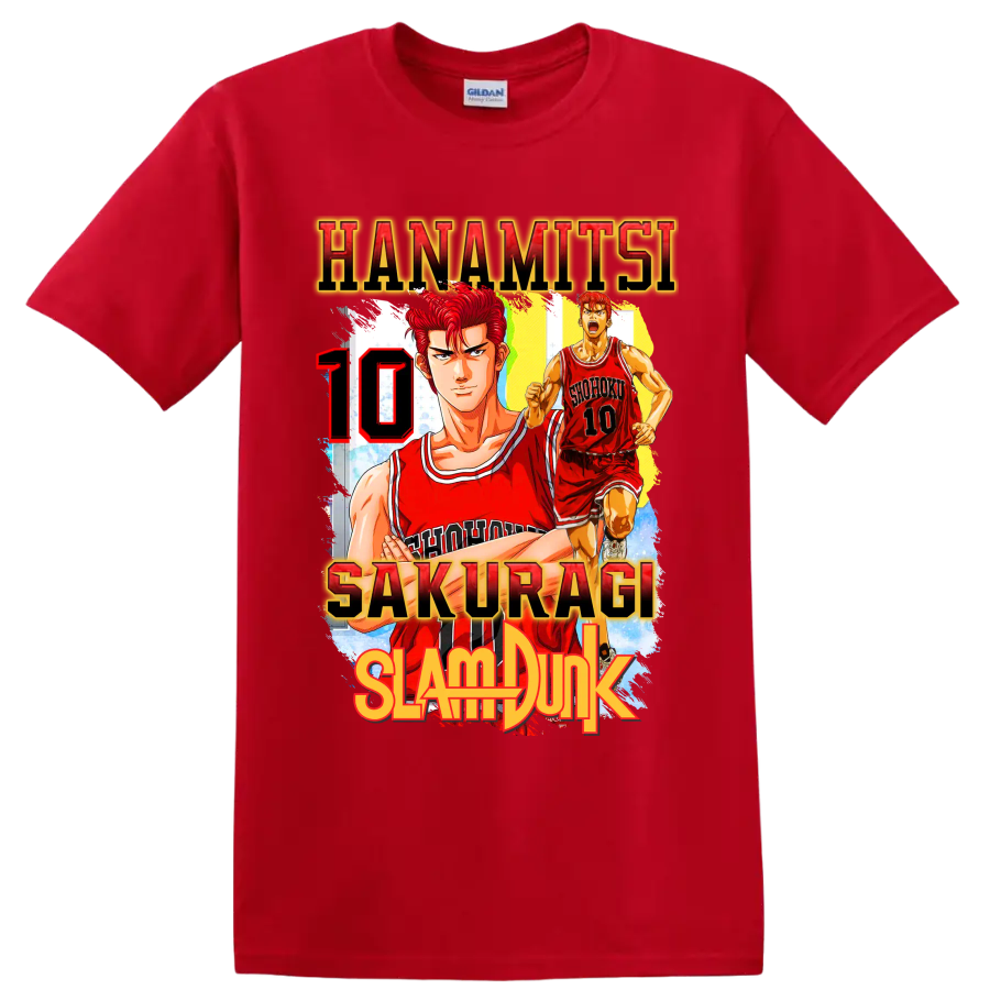 Hanamichi Sakuragi Slam Dunk manga basketball graphic with red number 10 on a Red T Shirt