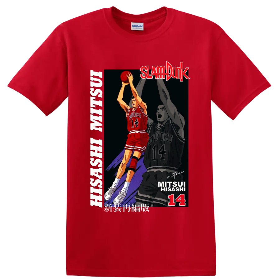 Hisashi Mitsui No. 14 Slam Dunk basketball action manga graphic print on a Red T Shirt