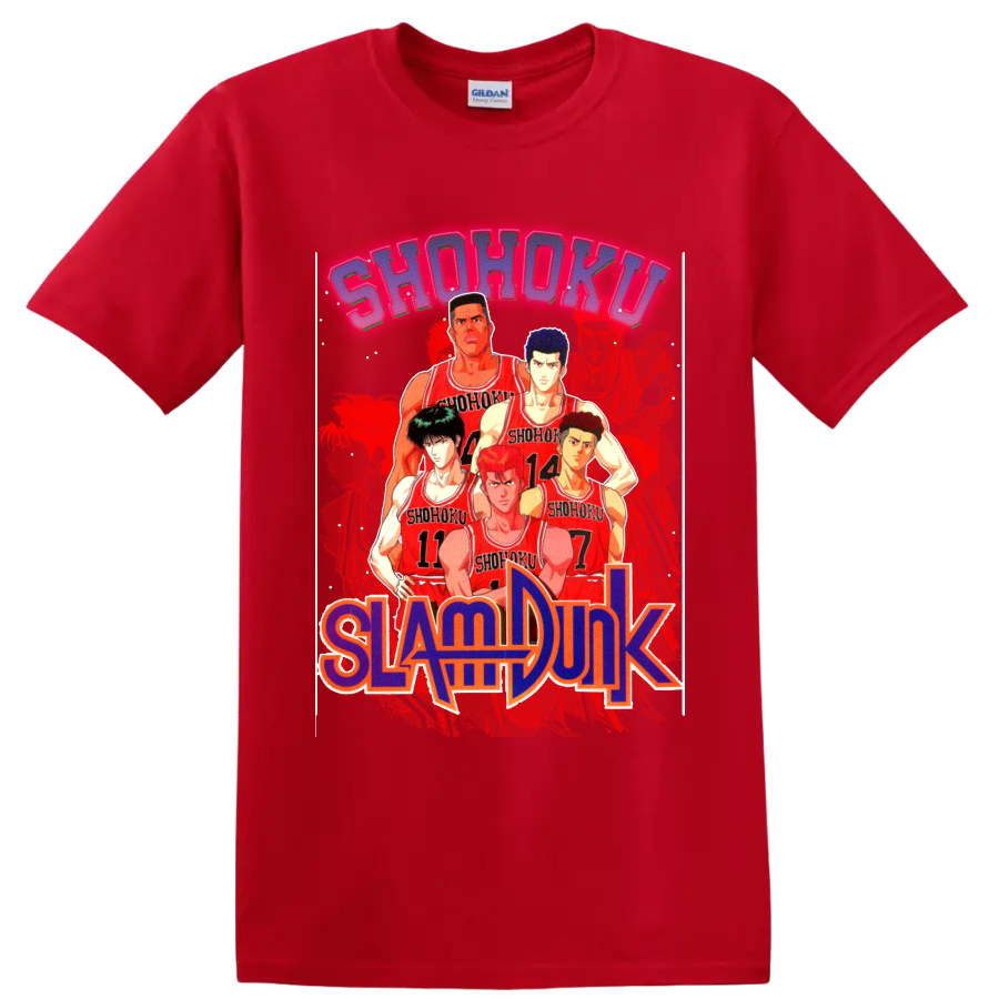 Slam Dunk Shohoku basketball team lineup in red jerseys with bold manga lettering on a Red T Shirt