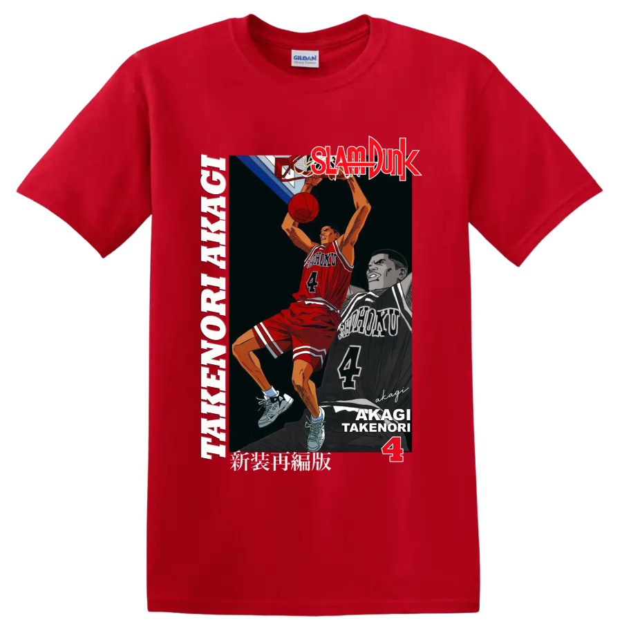 Takenori Akagi Slam Dunk retro manga basketball dunk graphic with number 4 on a Red T Shirt