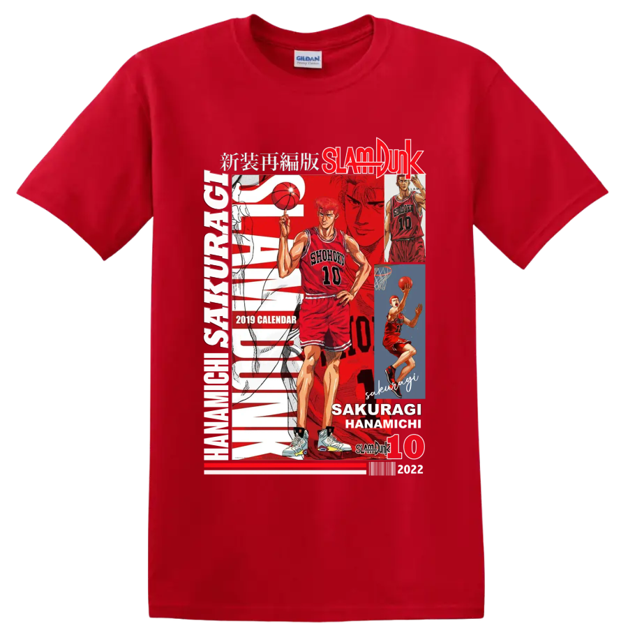 Hanamichi Sakuragi Slam Dunk Shohoku No. 10 manga basketball collage on a Red T Shirt