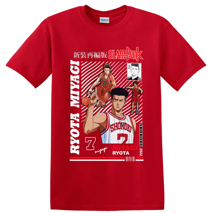 Ryota Miyagi Slam Dunk manga collage with Shohoku number 7 basketball artwork on a Red T Shirt