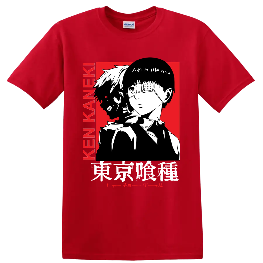 Ken Kaneki Tokyo Ghoul manga portrait with glasses, dark profile, and red backdrop on a Red T Shirt