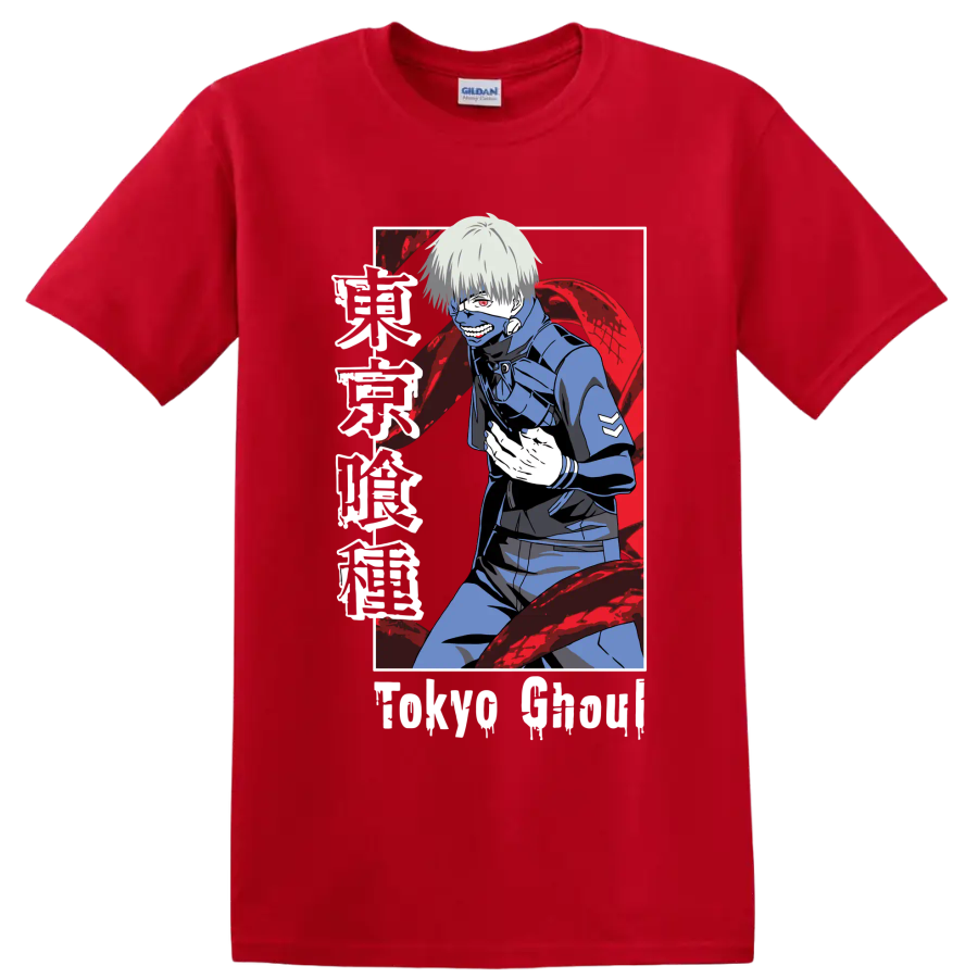Ken Kaneki masked anime portrait with red kagune in dark Tokyo Ghoul manga style on a Red T Shirt