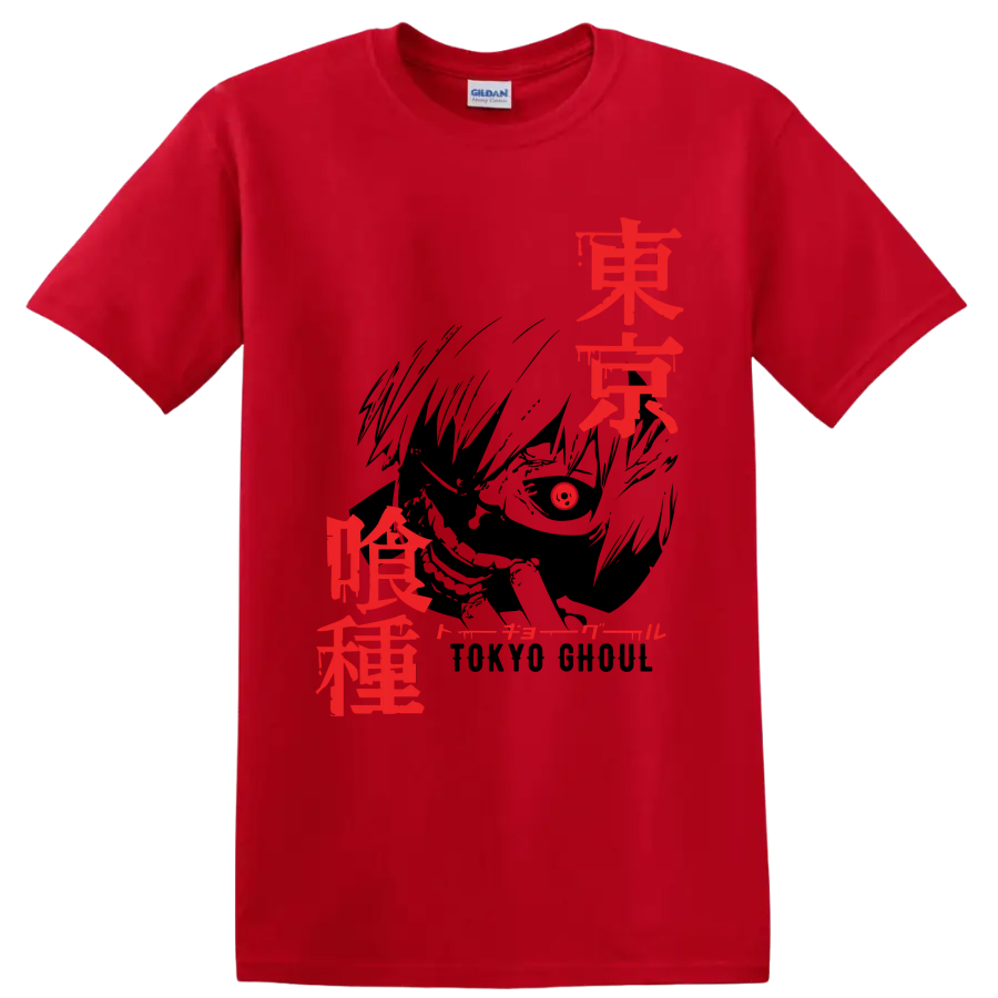 Ken Kaneki Tokyo Ghoul red Japanese title-style graphic print on a Red T Shirt