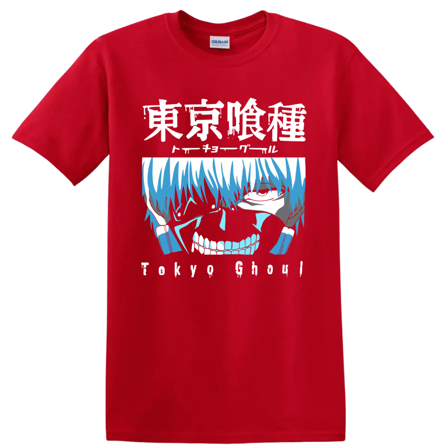 Ken Kaneki blue distressed anime portrait graphic from Tokyo Ghoul on a Red T Shirt