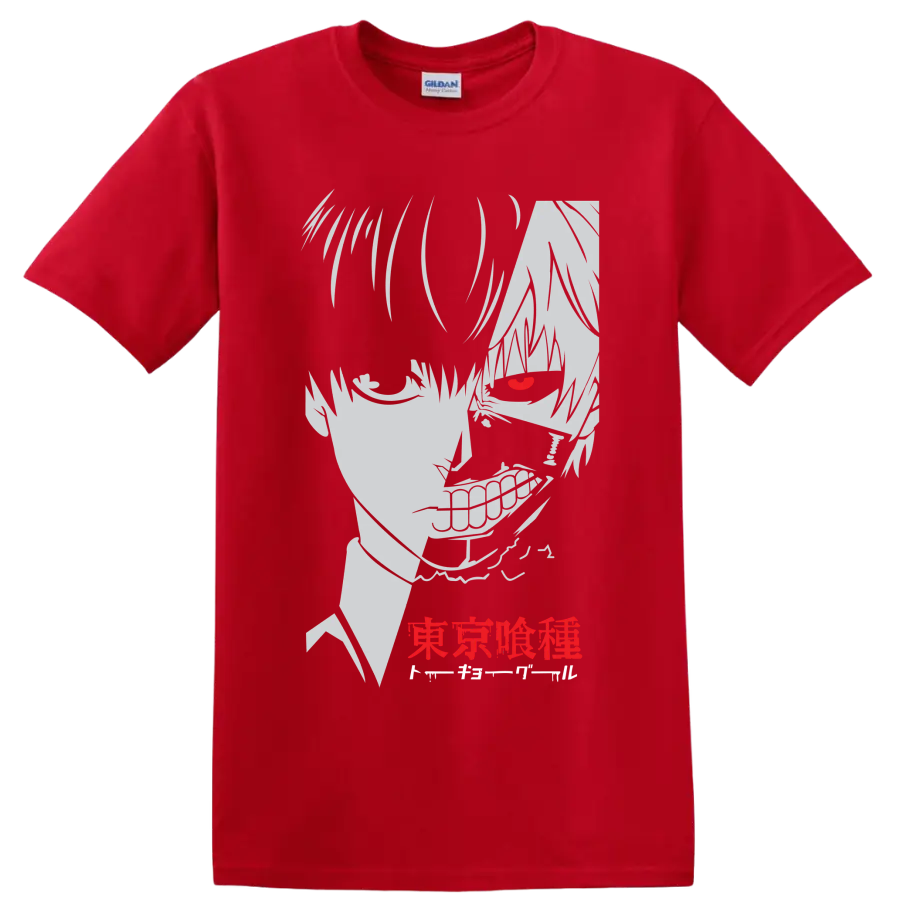 Ken Kaneki Tokyo Ghoul manga portrait with red eye, grin, and Japanese lettering on a Red T Shirt