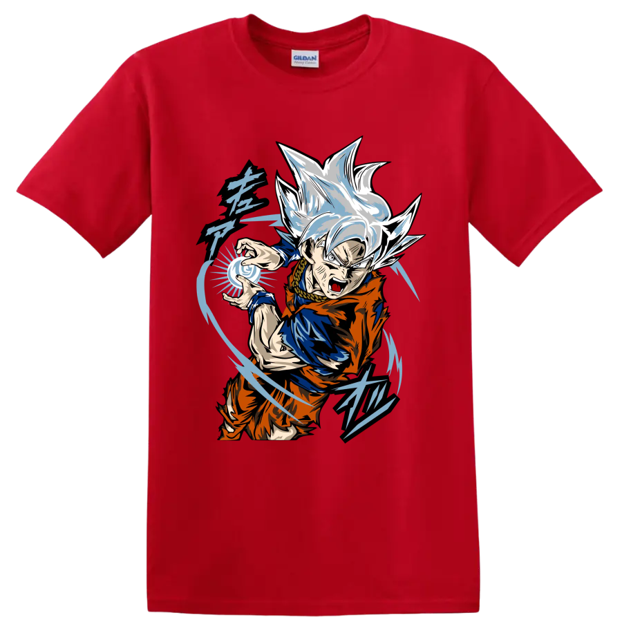 Goku Ultra Instinct anime fighter with blue energy sphere and sweeping action lines on a Red T Shirt