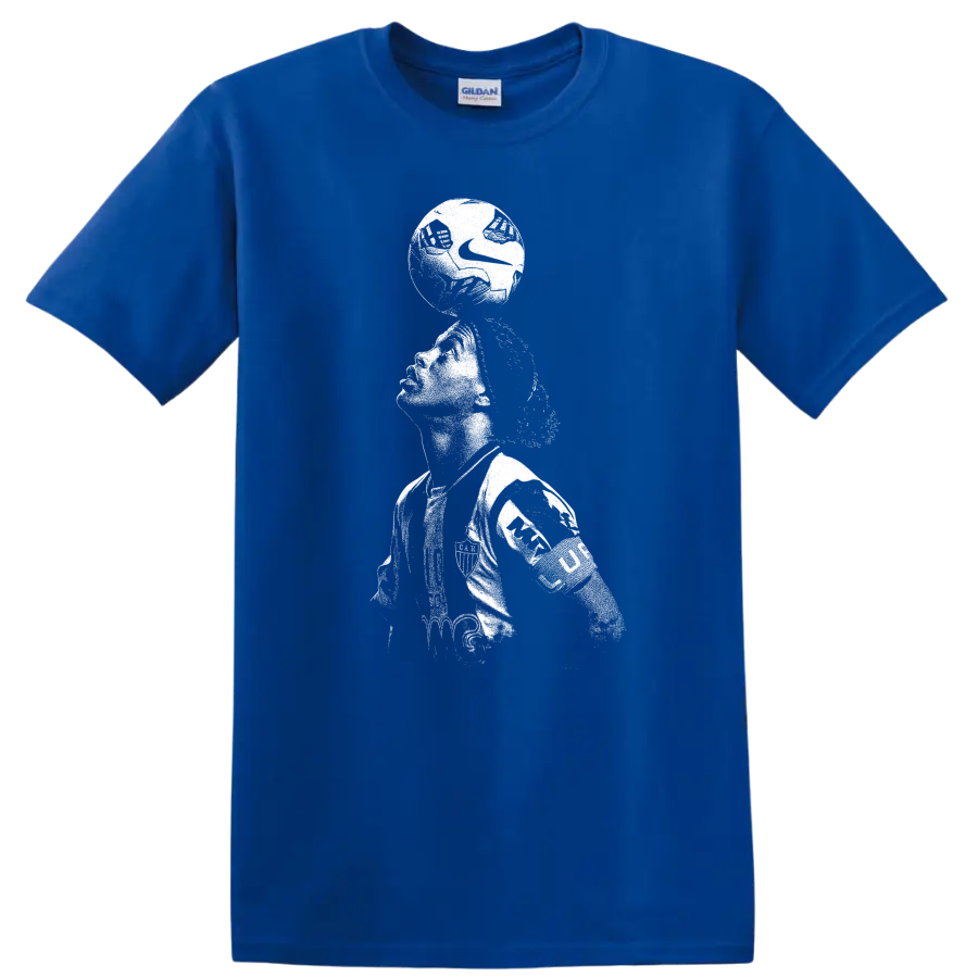 Retro soccer legend portrait of Ronaldinho Gaúcho style on black T - Royal (Blue)