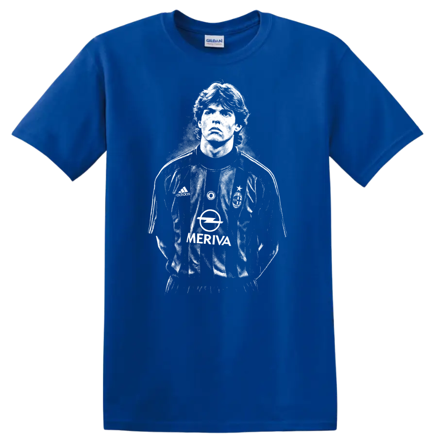 Retro black and white soccer legend portrait style graphic of Ricardo Kaká T - Royal (Blue)