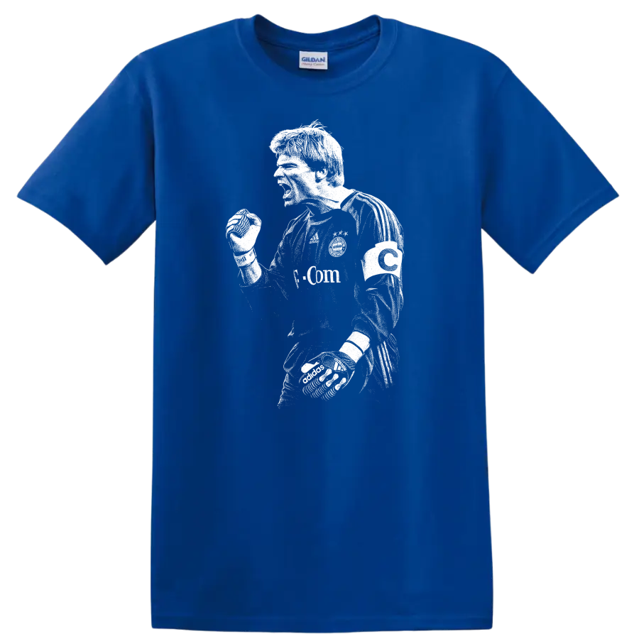 Black and white retro soccer portrait of Oliver Kahn on a T - Royal (Blue)