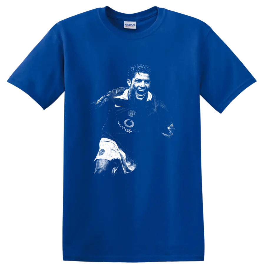 Retro black and white Cristiano Ronaldo soccer portrait graphic T - Royal (Blue)