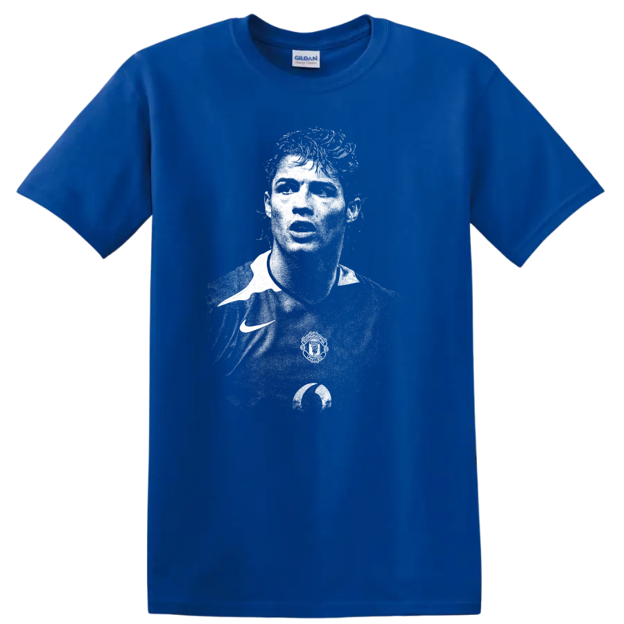 Retro black and white Cristiano Ronaldo portrait style T shirt - Royal (Blue)