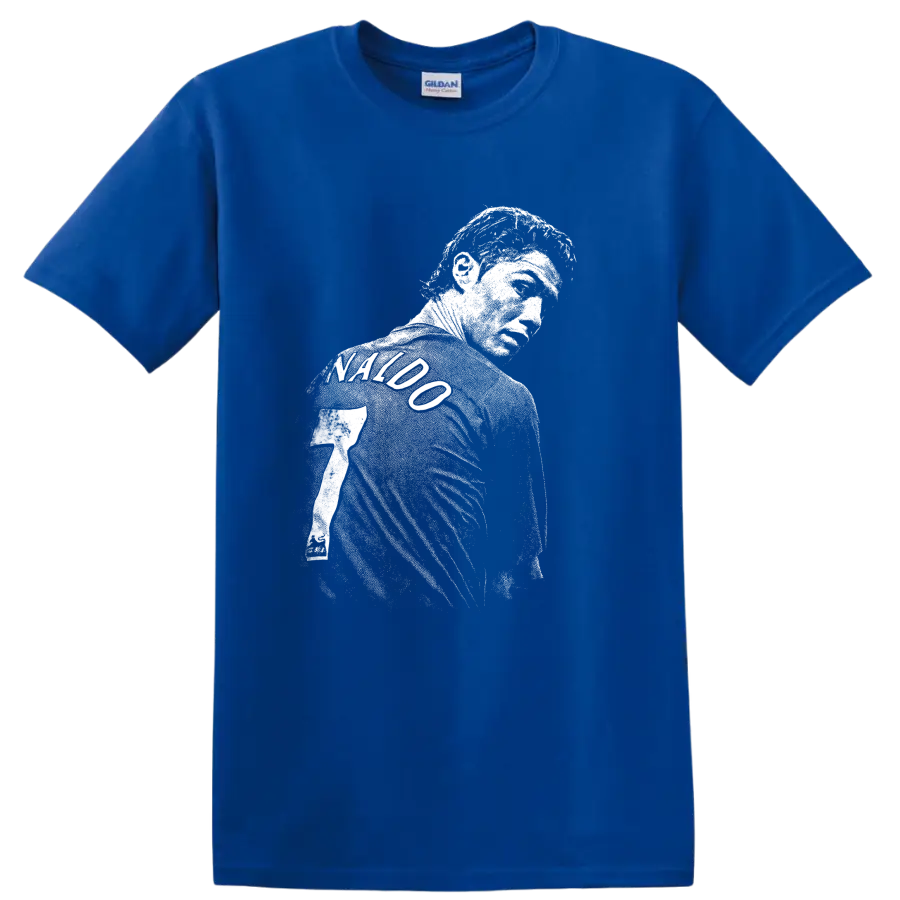Retro soccer portrait of Cristiano Ronaldo style graphic T - Royal (Blue)