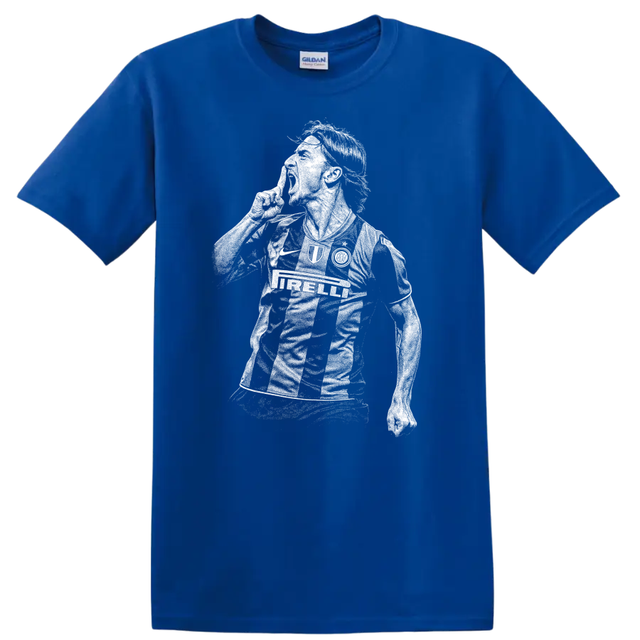 Black and white retro soccer player portrait graphic T Shirt featuring Zlatan - Royal (Blue)