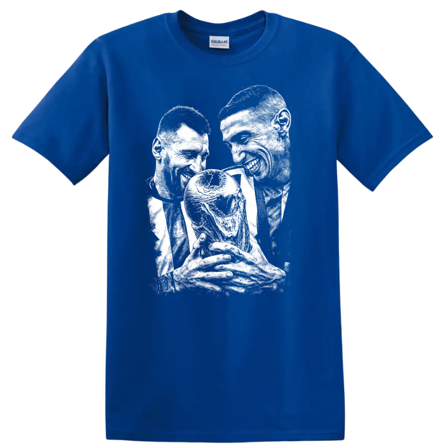 Retro soccer legend portrait design featuring Lionel Messi and Ángel Di María T - Royal (Blue)
