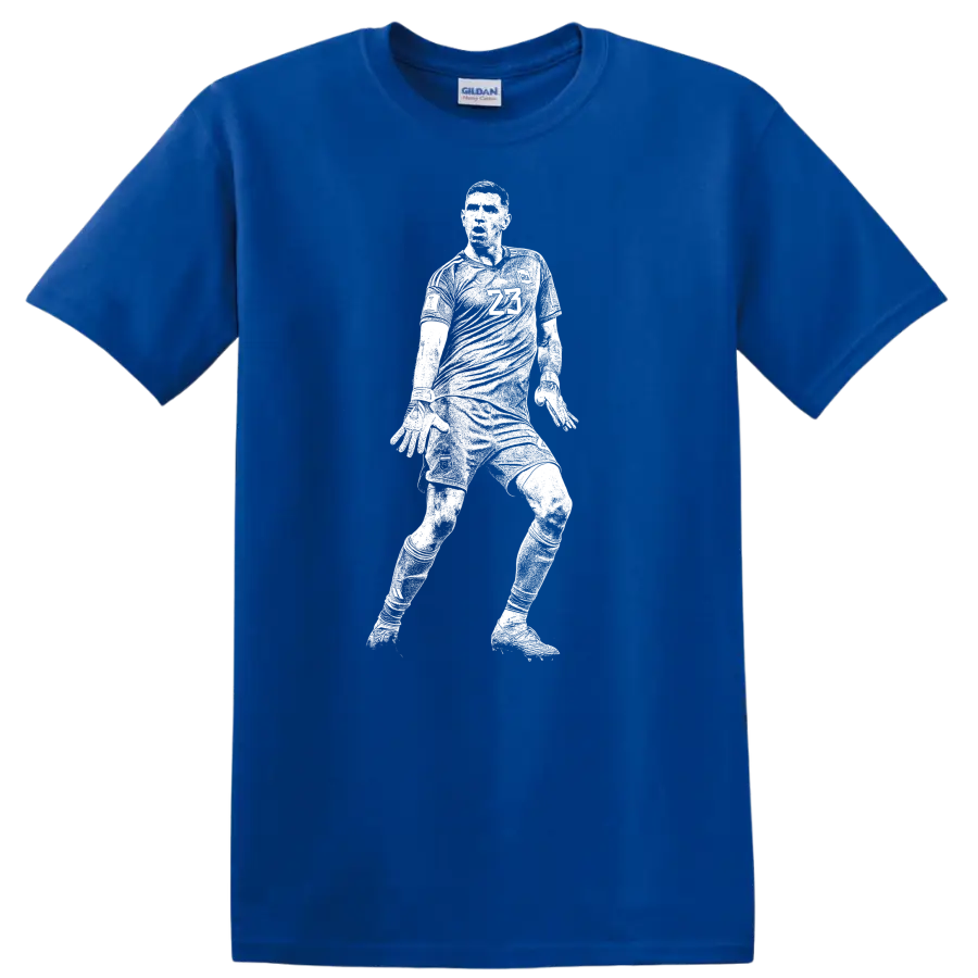 Black and white retro soccer player silhouette design for Emiliano Martínez T - Royal (Blue)